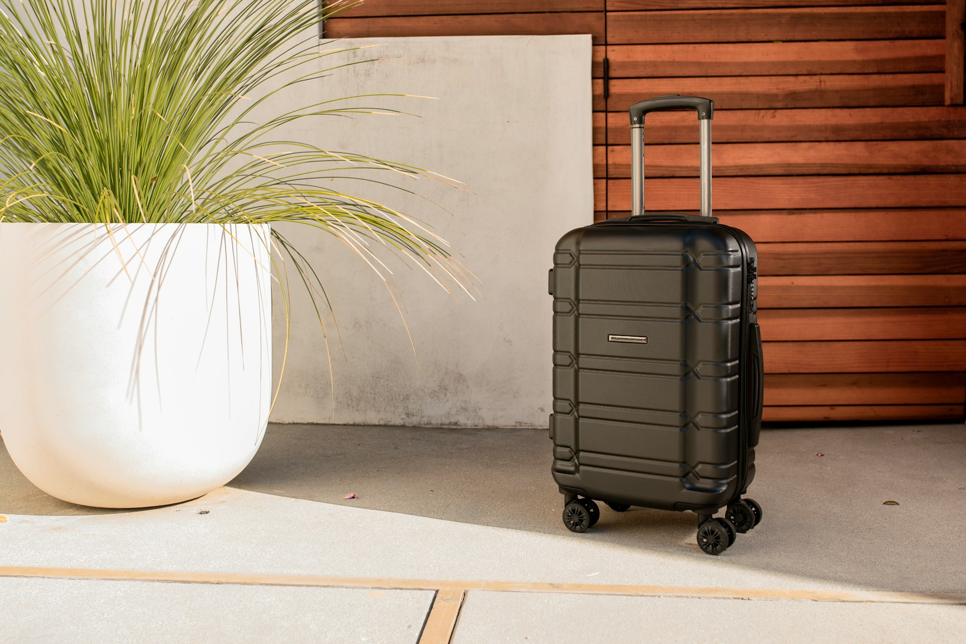 a black suitcase sitting next to a plant