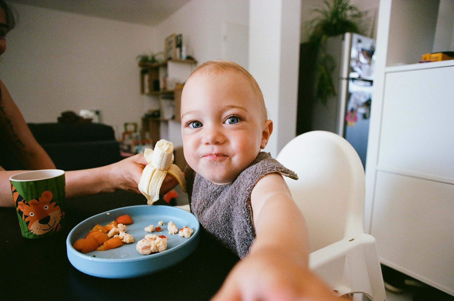 a baby sitting at a table with a plate of food